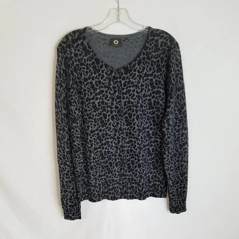 Amber Sun Womens Black Grey Leopard Button Front Cardigan Sweater Size Large